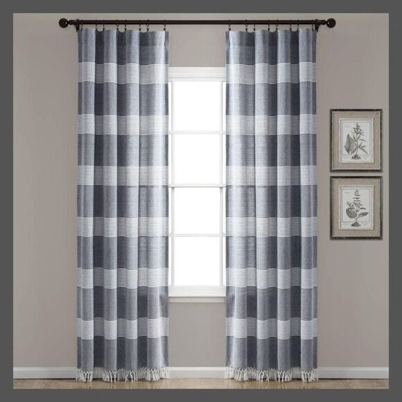 Open Box - Lush Decor - Set of 2 84"x40" Farmhouse Tucker Strip Navy/White - Picture 1 of 4